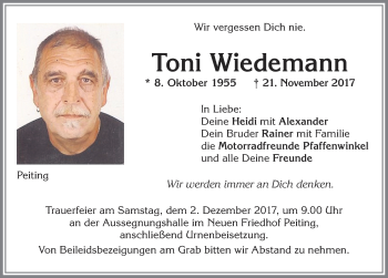 Traueranzeige von Toni Wiedemann von Allgäuer Zeitung, Füssen