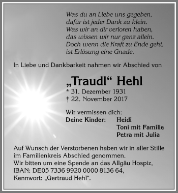 Traueranzeige von Traudl Hehl von Allgäuer Zeitung,Kempten
