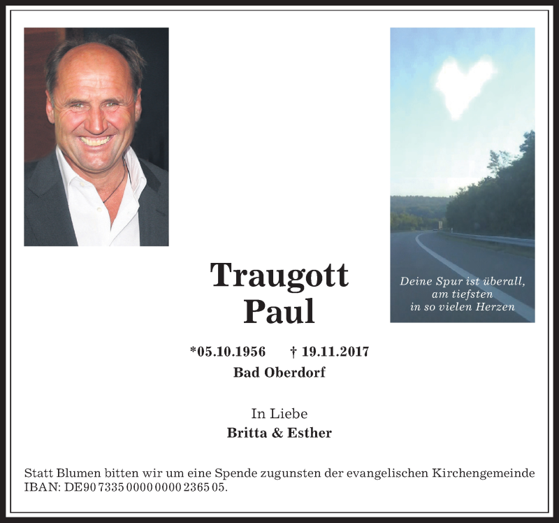  Traueranzeige für Traugott Paul vom 23.11.2017 aus Allgäuer Anzeigeblatt