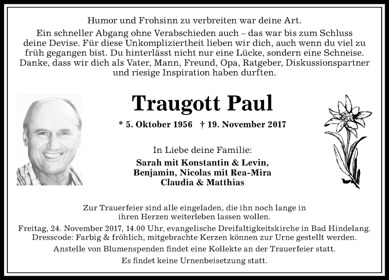  Traueranzeige für Traugott Paul vom 23.11.2017 aus Allgäuer Anzeigeblatt