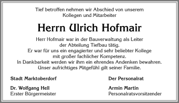 Traueranzeige von Ulrich Hofmair von Allgäuer Zeitung