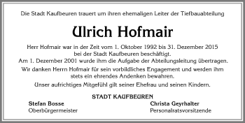 Traueranzeige von Ulrich Hofmair von Allgäuer Zeitung, Kaufbeuren/Buchloe
