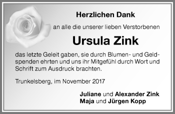 Traueranzeige von Ursula Zink von Memminger Zeitung