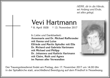 Traueranzeige von Vevi Hartmann von Allgäuer Zeitung, Füssen