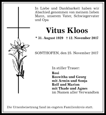 Traueranzeige von Vitus Kloos von Allgäuer Anzeigeblatt