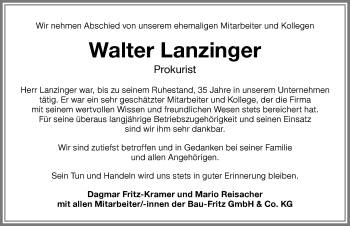 Traueranzeige von Walter Lanzinger von Memminger Zeitung