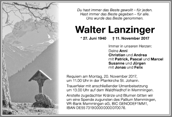Traueranzeige von Walter Lanzinger von Memminger Zeitung