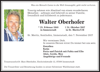 Traueranzeige von Walter Oberhofer von Allgäuer Anzeigeblatt