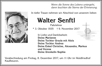 Traueranzeige von Walter Senftl von Allgäuer Zeitung, Kaufbeuren/Buchloe