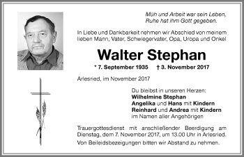 Traueranzeige von Walter Stephan von Memminger Zeitung