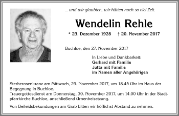 Traueranzeige von Wendelin Rehle von Allgäuer Zeitung, Kaufbeuren/Buchloe