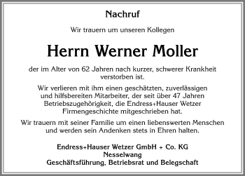Traueranzeige von Werner Moller von Allgäuer Zeitung, Füssen