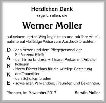 Traueranzeige von Werner Moller von Allgäuer Zeitung, Füssen