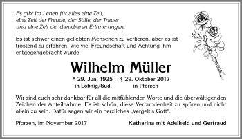 Traueranzeige von Wilhelm Müller von Allgäuer Zeitung, Kaufbeuren/Buchloe