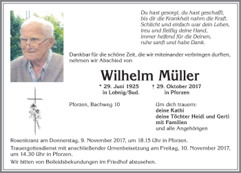 Traueranzeige von Wilhelm Müller von Allgäuer Zeitung, Kaufbeuren/Buchloe