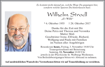 Traueranzeige von Wilhelm Strodl von Allgäuer Zeitung, Füssen