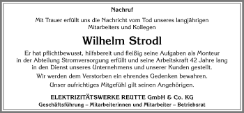 Traueranzeige von Wilhelm Strodl von Allgäuer Zeitung, Füssen