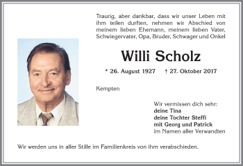 Traueranzeige von Willi Scholz von Allgäuer Zeitung,Kempten