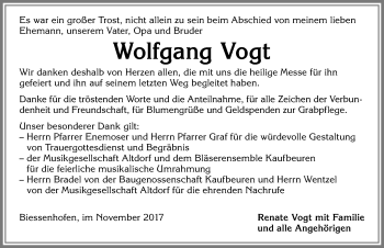 Traueranzeige von Wolfgang Vogt von Allgäuer Zeitung