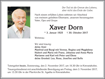 Traueranzeige von Xaver Dorn von Allgäuer Zeitung,Kempten