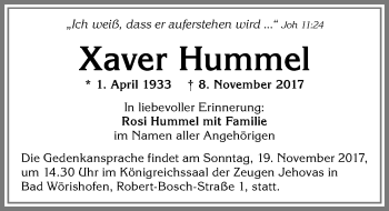 Traueranzeige von Xaver Hummel von Allgäuer Zeitung, Kaufbeuren/Buchloe