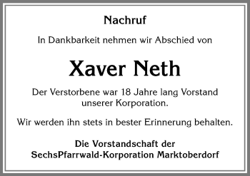 Traueranzeige von Xaver Neth von Allgäuer Zeitung, Marktoberdorf