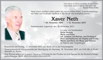 Traueranzeige von Xaver Neth von Allgäuer Zeitung, Marktoberdorf