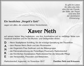 Traueranzeige von Xaver Neth von Allgäuer Zeitung, Marktoberdorf