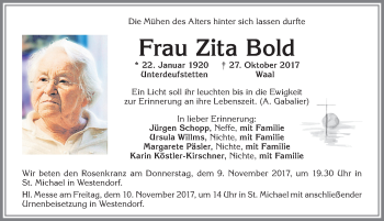 Traueranzeige von Zita Bold von Allgäuer Zeitung, Kaufbeuren/Buchloe