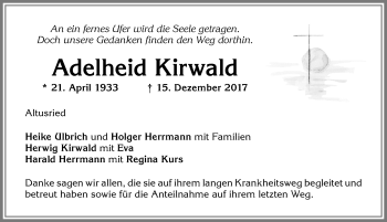 Traueranzeige von Adelheid Kirwald von Allgäuer Zeitung,Kempten