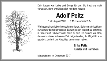 Traueranzeige von Adolf Peitz von Allgäuer Zeitung, Kaufbeuren/Buchloe
