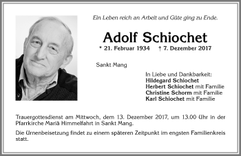 Traueranzeige von Adolf Schiochet von Allgäuer Zeitung,Kempten
