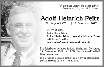 Traueranzeige von Adolf Heinrich Peitz von Allgäuer Zeitung, Kaufbeuren/Buchloe