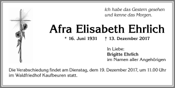 Traueranzeige von Afra Elisabeth Ehrlich von Allgäuer Zeitung, Kaufbeuren/Buchloe