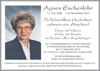 Traueranzeige von Agnes Eschenlohr von Allgäuer Zeitung, Füssen
