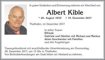 Traueranzeige von Albert Kible von Allgäuer Zeitung, Marktoberdorf