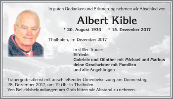 Traueranzeige von Albert Kible von Allgäuer Zeitung, Marktoberdorf