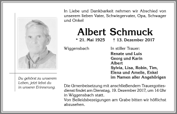 Traueranzeige von Albert Schmuck von Allgäuer Zeitung,Kempten