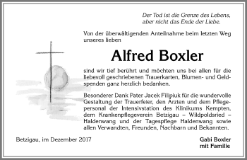 Traueranzeige von Alfred Boxler von Allgäuer Zeitung,Kempten