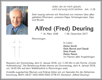 Traueranzeige von Alfred Deuring von Memminger Zeitung