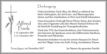 Traueranzeige von Alfred Frank von Allgäuer Zeitung, Füssen