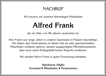 Traueranzeige von Alfred Frank von Allgäuer Zeitung, Füssen