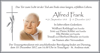 Traueranzeige von Alfred Frank von Allgäuer Zeitung, Füssen