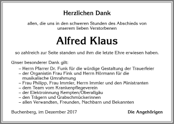 Traueranzeige von Alfred Klaus von Allgäuer Zeitung,Kempten