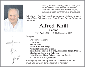 Traueranzeige von Alfred Knill von Allgäuer Zeitung,Kempten