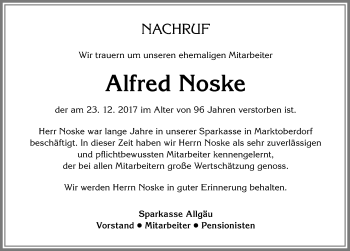 Traueranzeige von Alfred Noske von Allgäuer Zeitung, Marktoberdorf
