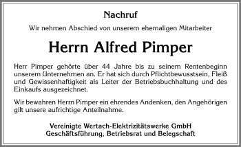 Traueranzeige von Alfred Pimper von Allgäuer Zeitung, Kaufbeuren/Buchloe