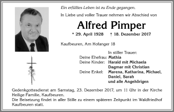 Traueranzeige von Alfred Pimper von Allgäuer Zeitung, Kaufbeuren/Buchloe