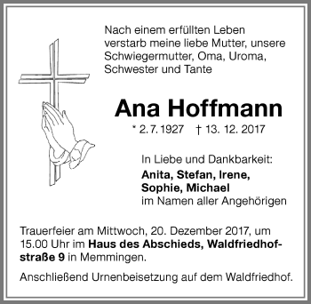 Traueranzeige von Ana Hoffmann von Memminger Zeitung