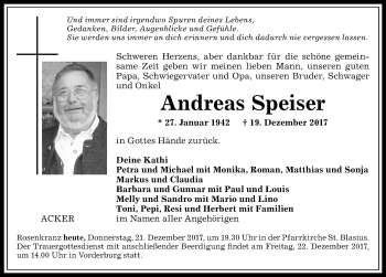 Traueranzeige von Andreas Speiser von Allgäuer Anzeigeblatt